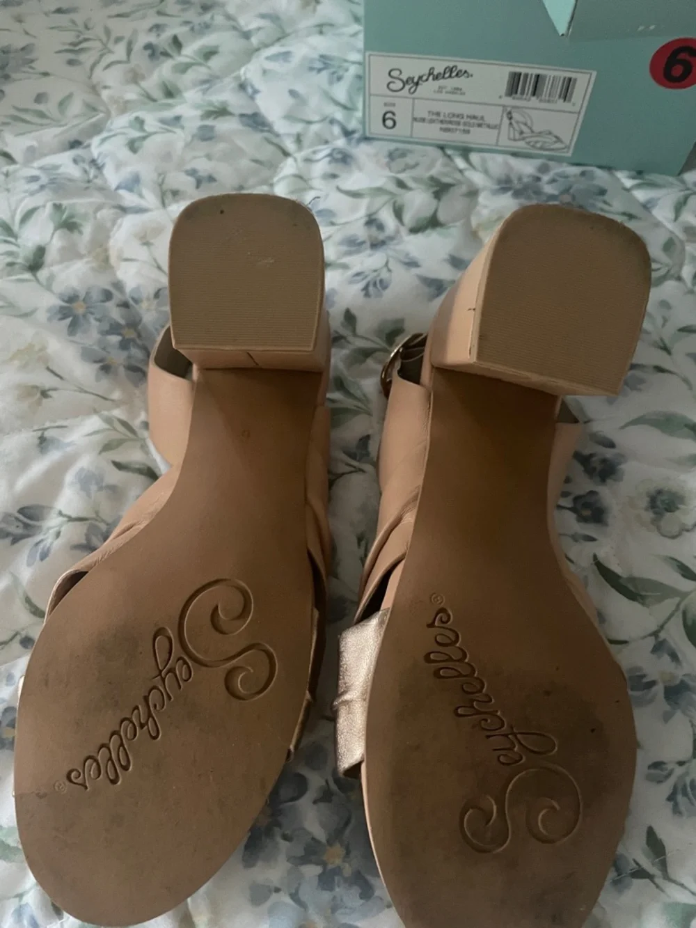 Seychelles Nude and Gold Block Heel Sandals